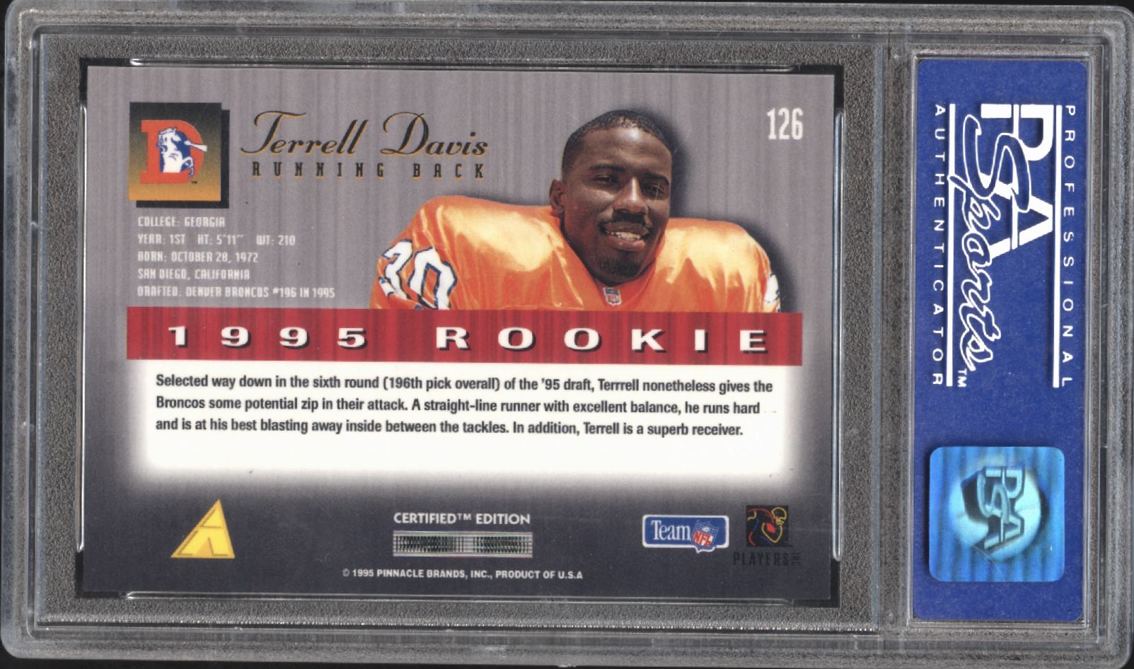 Terrell Davis 1995 Select Certified Rookie RC Denver Broncos #126 PSA 10