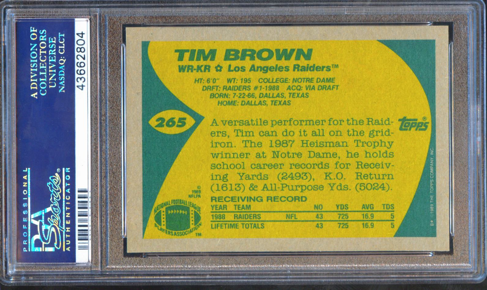 Tim Brown 1989 Topps Rookie RC Oakland Raiders #265 PSA 10