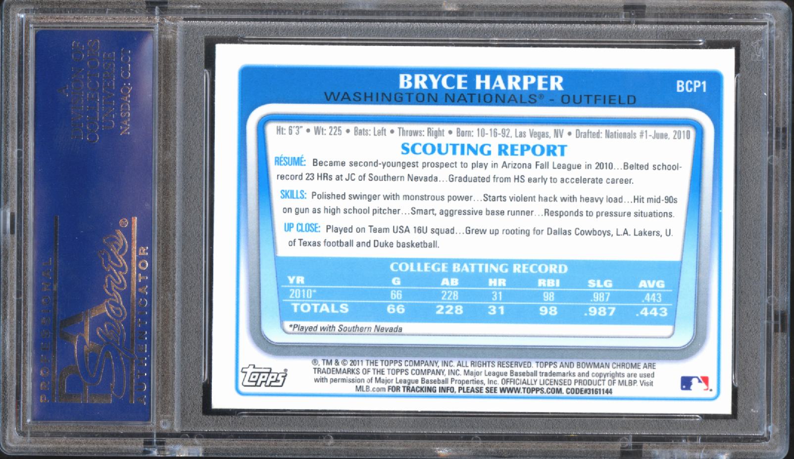 Bryce Harper 2011 Bowman Chrome Prospects 1st Rookie RC Nationals PSA 10