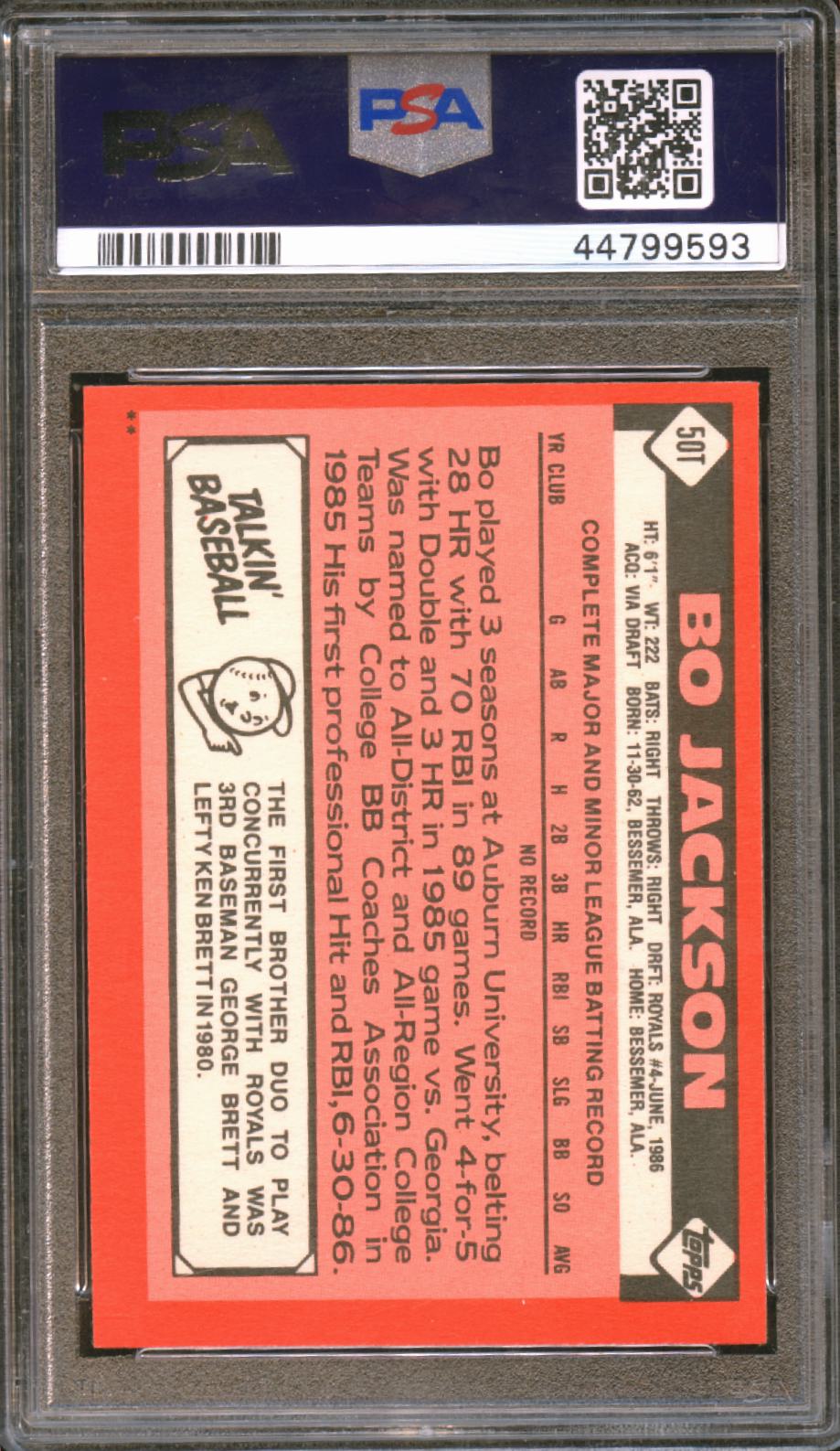 Bo Jackson 1986 Topps Traded Rookie RC Kansas City Royals #50T PSA 9