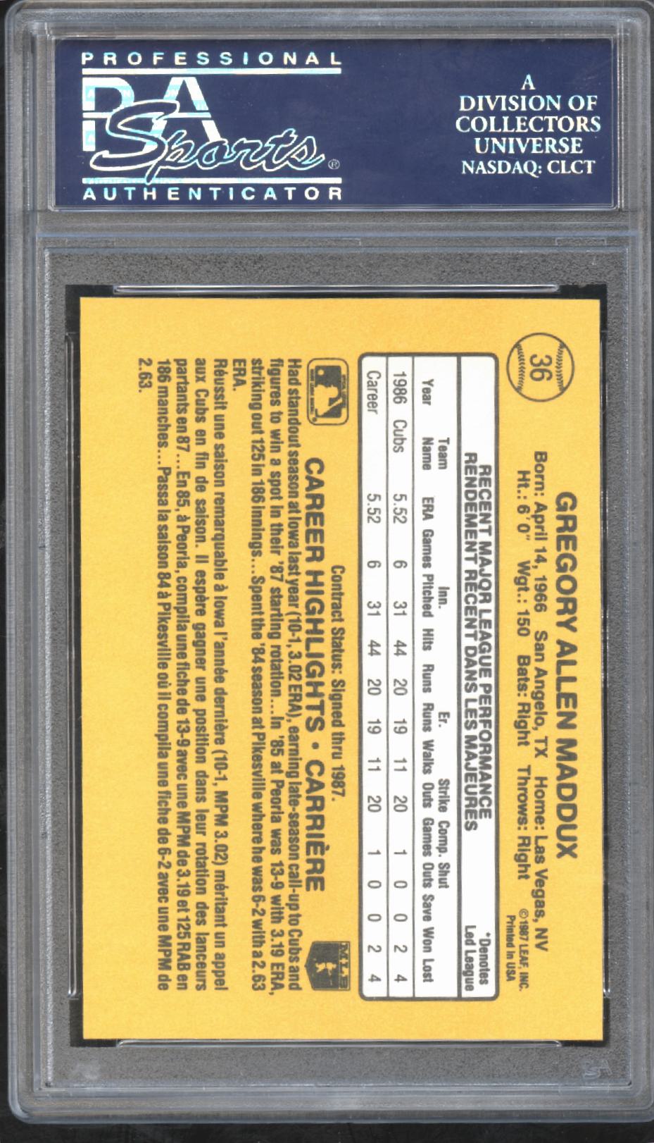 Greg Maddux 1987 Leaf Rookie RC Chicago Cubs #36 PSA 9