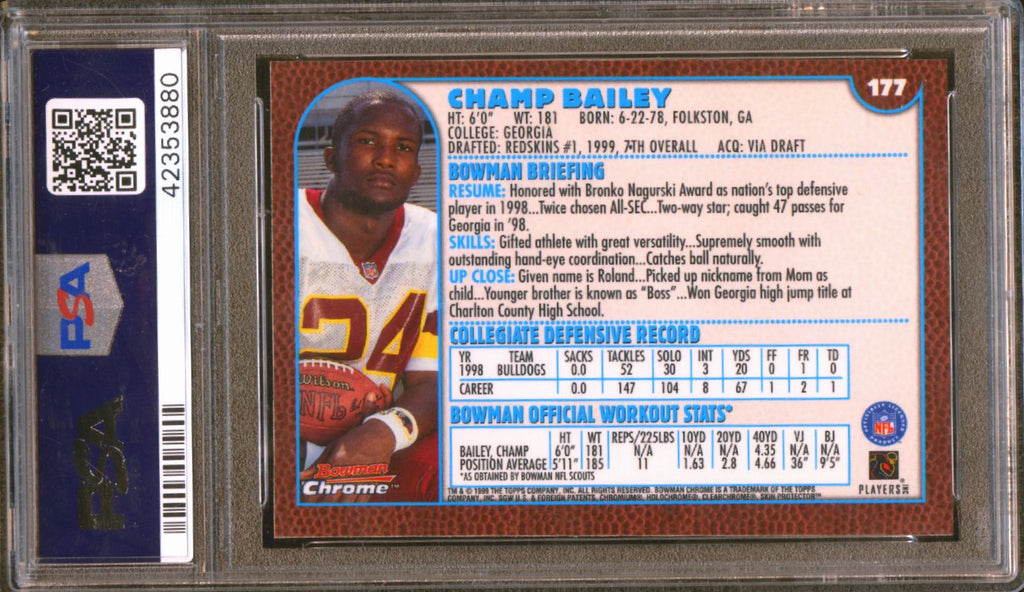 Champ Bailey 1999 Bowman Chrome Rookie RC Washington Redskins #177 PSA 10