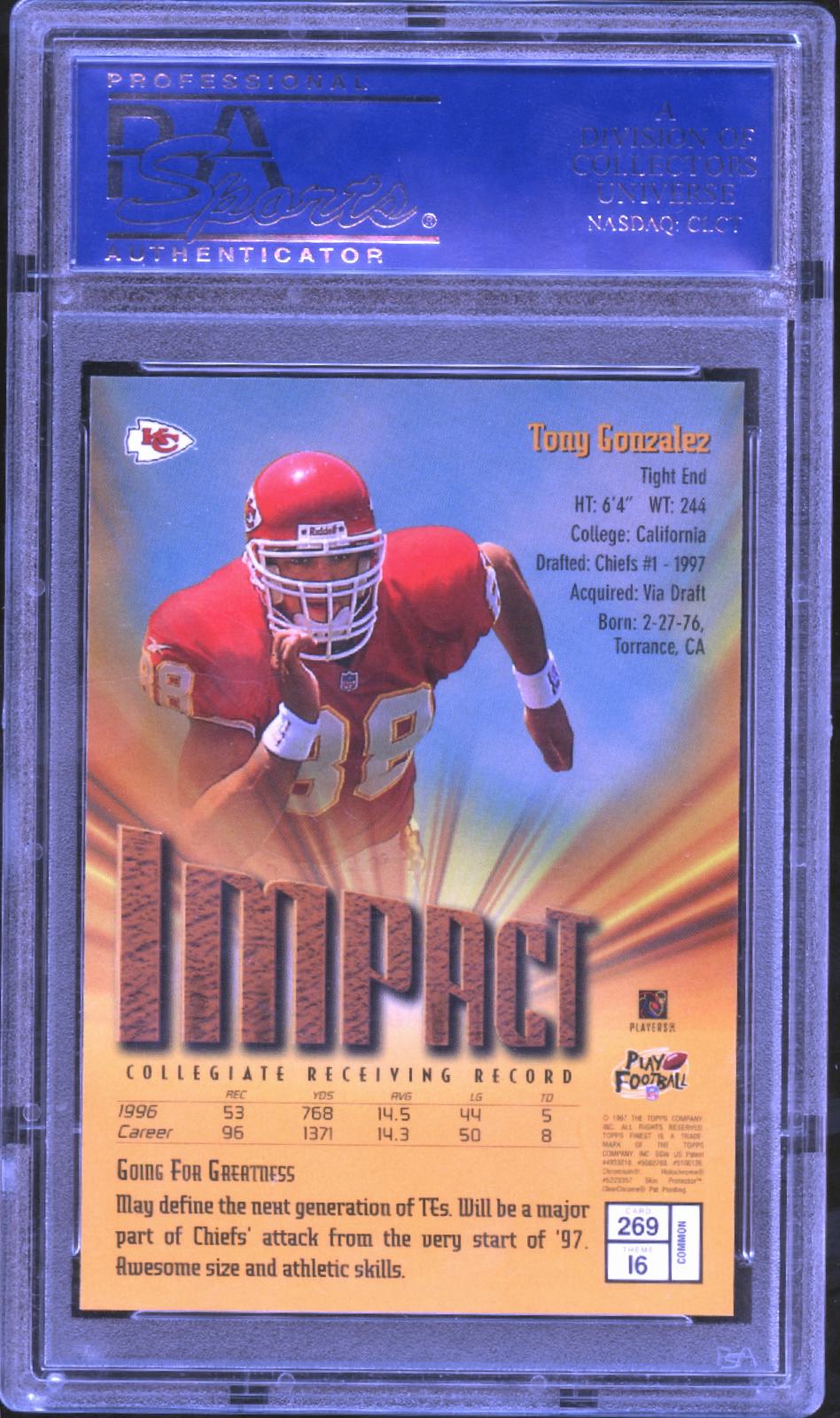 Tony Gonzalez 1997 Topps Finest Rookie RC Kansas City Chiefs #269 PSA 10