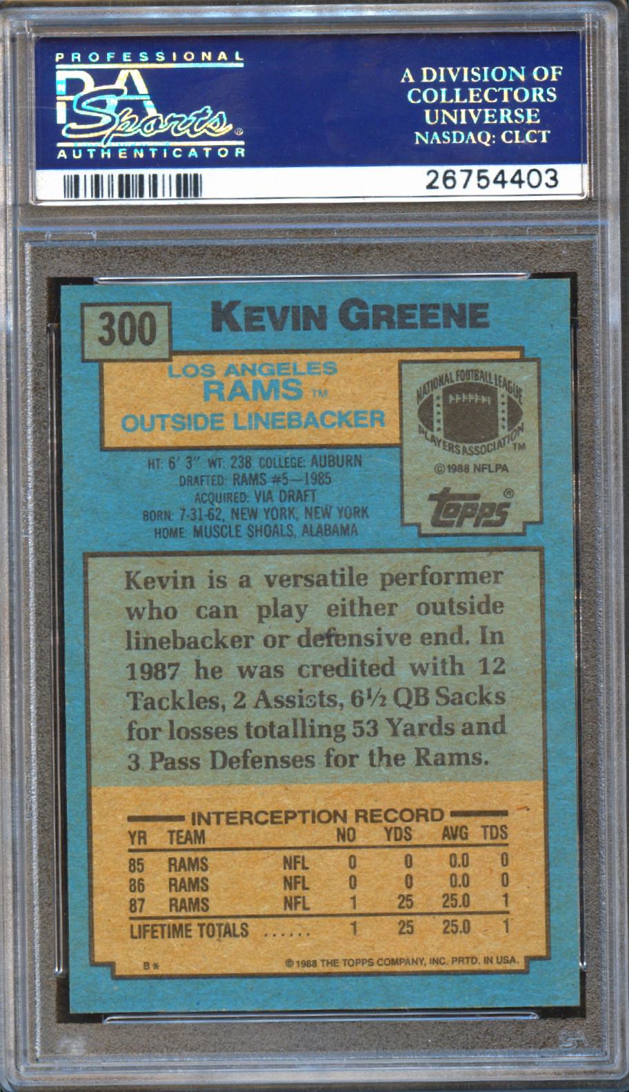 Kevin Greene 1988 Topps Rookie RC Los Angeles Rams #300 PSA 10