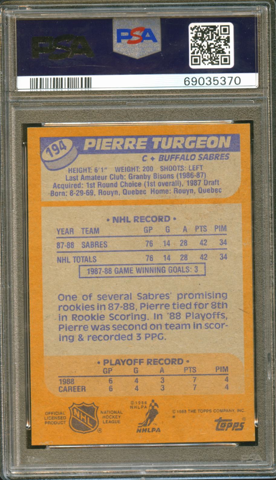 Pierre Turgeon 1988 Topps Rookie RC Buffalo Sabres #194 PSA 9