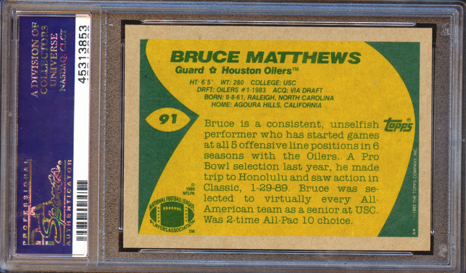 Bruce Matthews 1989 Topps Rookie RC Houston Oilers Titans #91 PSA 10