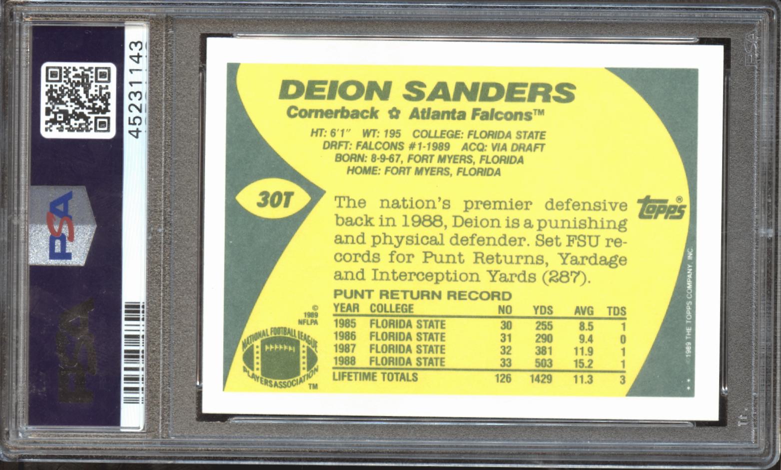 Deion Sanders 1989 Topps Traded Rookie RC Atlanta Falcons #30T PSA 10