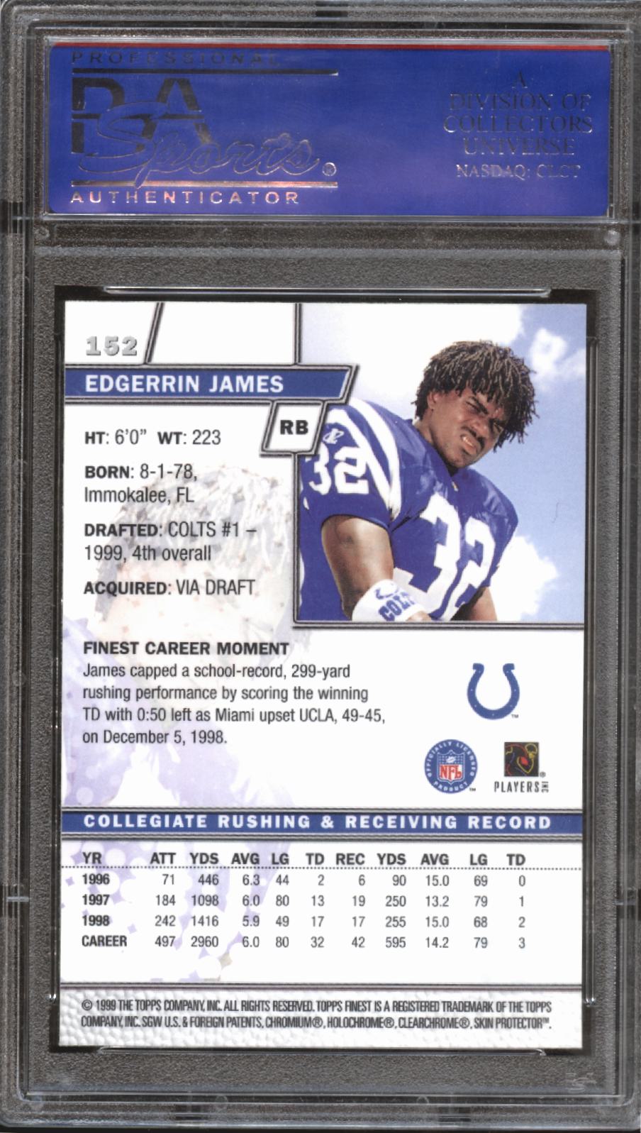 Edgerrin James 1999 Topps Finest Rookie Card RC Indianapolis Colts #152 PSA 10