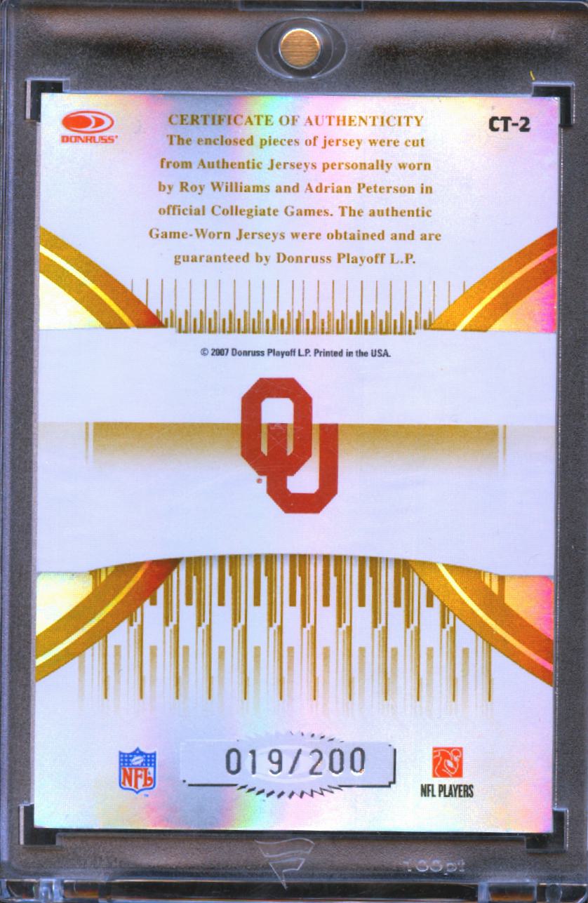 Roy Williams / Adrian Peterson 2007 Donruss Elite Game Worn Patch /200 Oklahoma