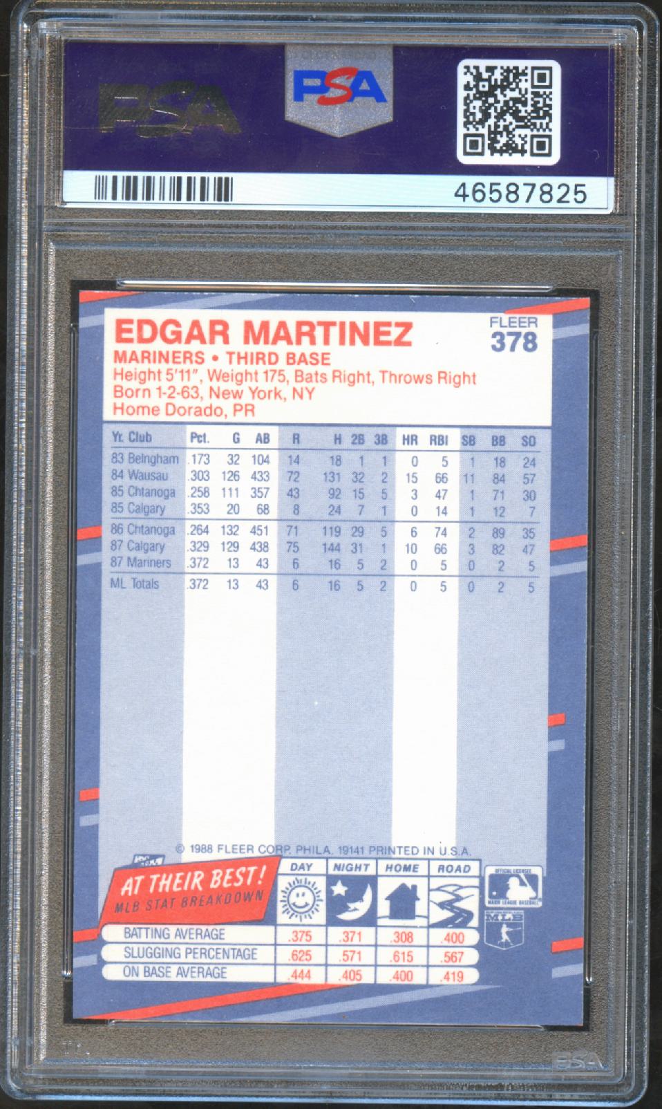 Edgar Martinez 1988 Fleer Glossy Rookie Card RC Seattle Mariners #378 PSA 9