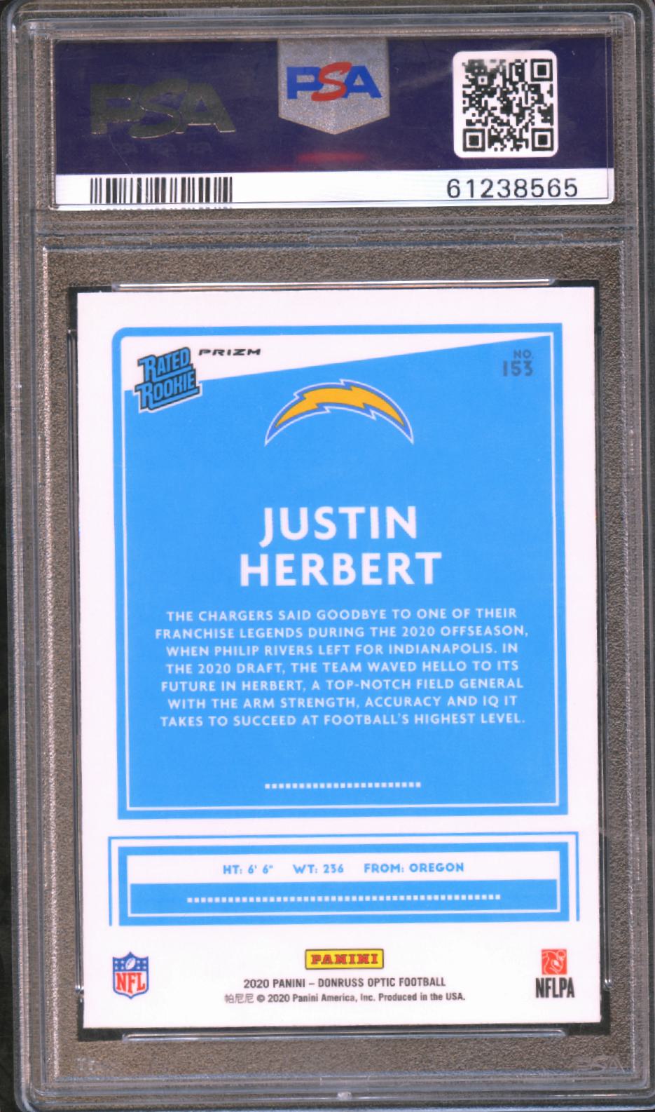 Justin Herbert 2020 Optic Rated Rookie Blue Hyper RC LA Chargers #153 PSA 10
