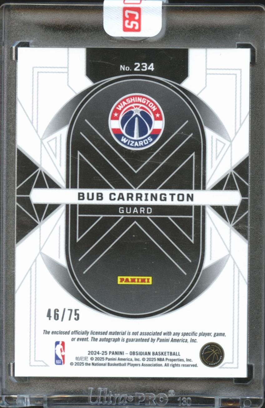 Bub Carrington 2025 Obsidian Auto Autograph Patch RC 46/75 Washington Wizards