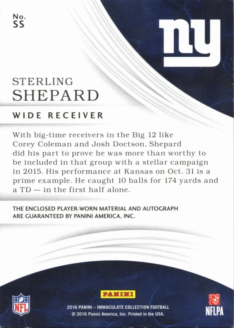 Sterling Shepard 2016 Immaculate Auto Autograph Patch RC 1/25 New York Giants