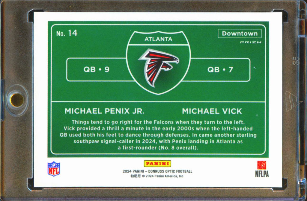 Michael Vick / Michael Penix Jr. 2024 Optic DOWNTOWN SSP CASE HIT RC Falcons