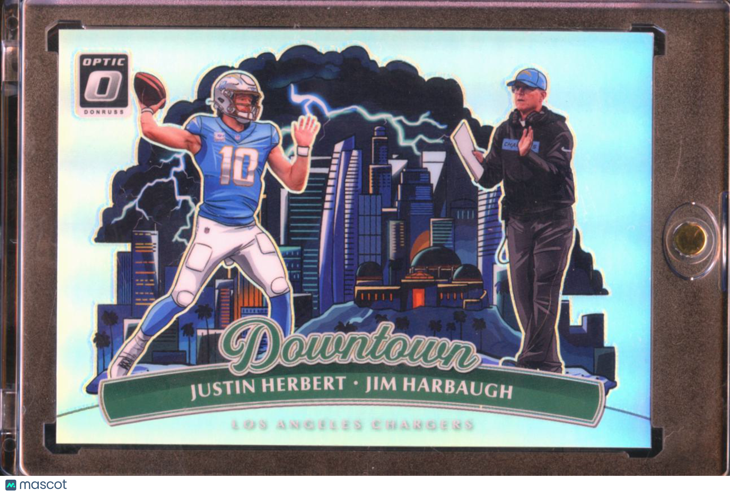 Justin Herbert / Jim Harbaugh 2025 Optic Prizm DOWNTOWN! SSP CASE HIT Chargers