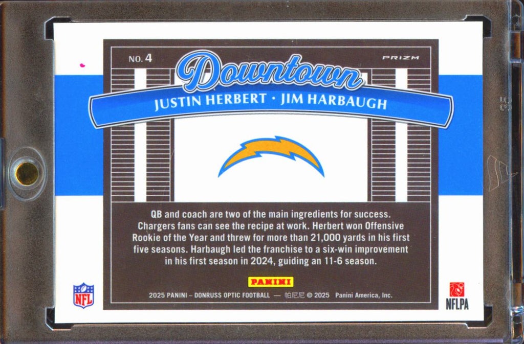Justin Herbert / Jim Harbaugh 2025 Optic Prizm DOWNTOWN! SSP CASE HIT Chargers