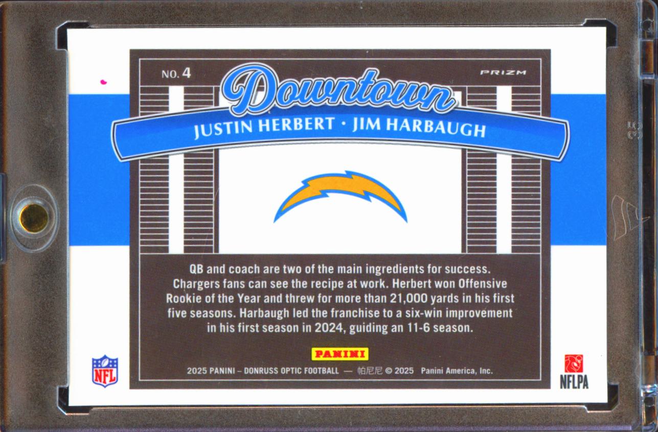 Justin Herbert / Jim Harbaugh 2025 Optic Prizm DOWNTOWN! SSP CASE HIT Chargers