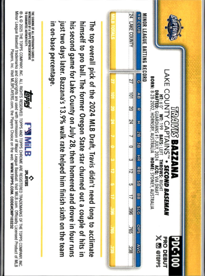 Travis Bazzana 2024 Topps Chrome Pro Debut Auto Autograph GOLD RC Guadians 30/50