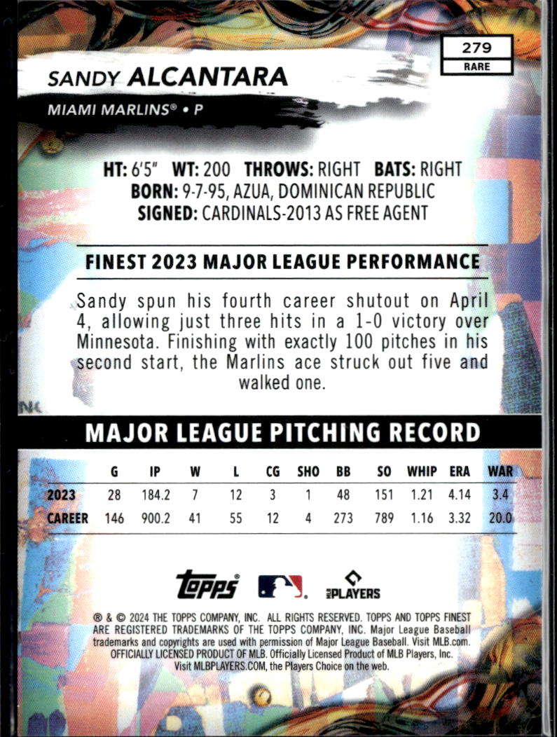 Sandy Alcantara 2024 Topps Finest RARE Gold Refractor 10/20 Miami Marlins