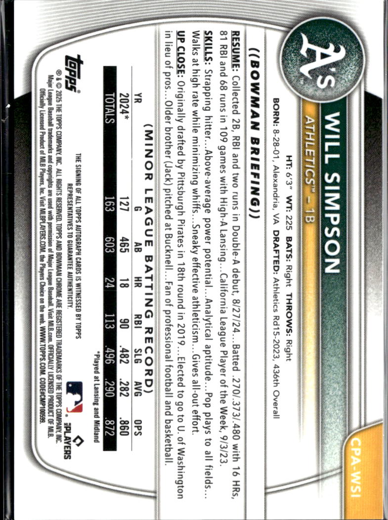 Will Simpson 2025 Bowman Chrome 1st Auto Autograph Green Refractor /99 Athletics