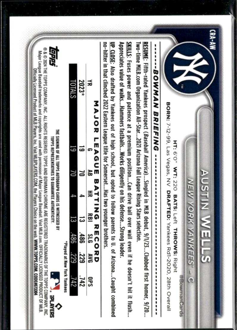 Austin Wells 2024 Bowman Chrome Auto Autograph RC 76/99 New York Yankees