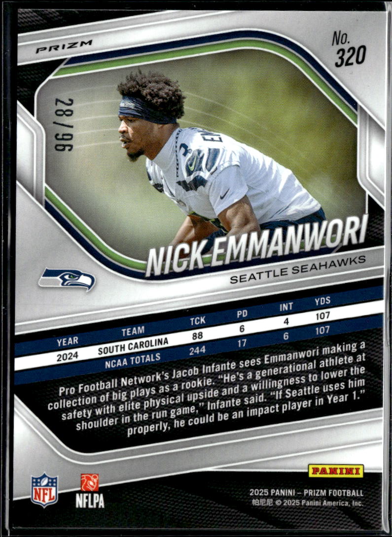 Nick Emmanwori 2025 Prizm Blue Sparkle Prizm SSP Rookie 28/96 Seattle Seahawks