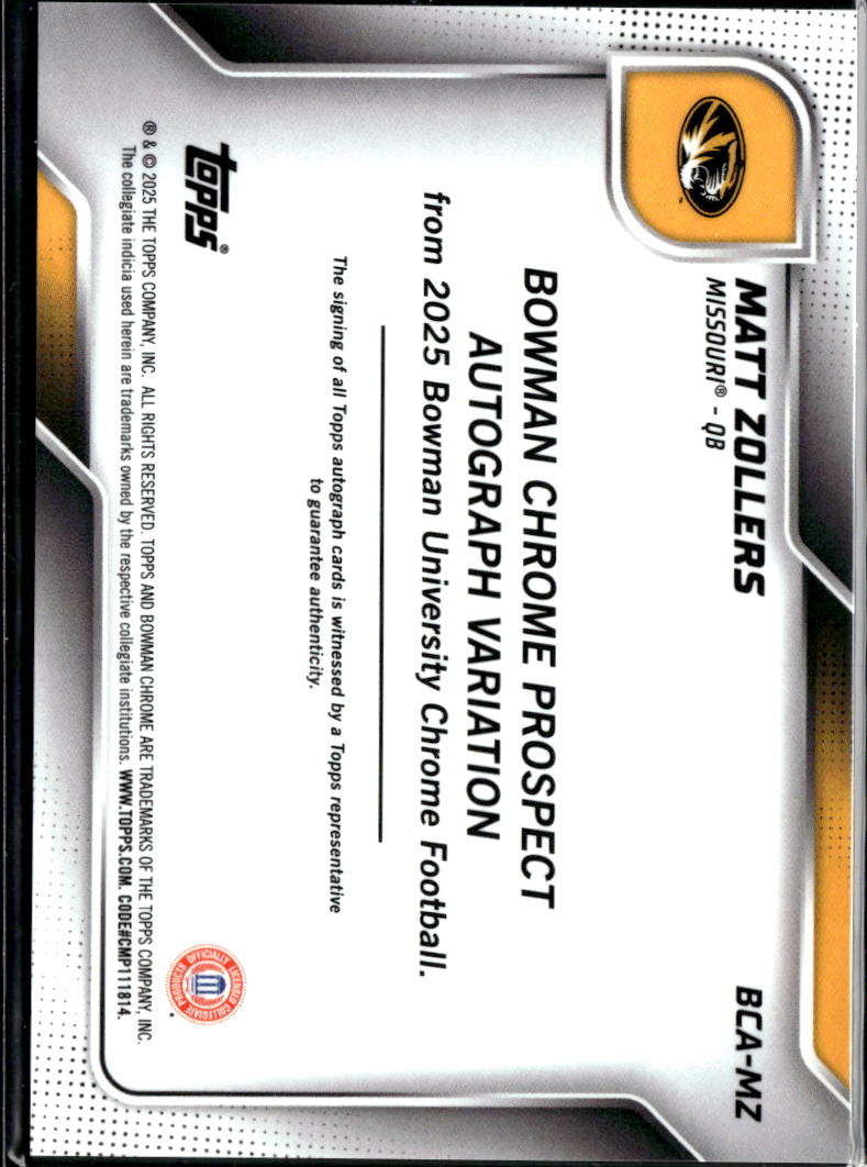 Matt Zollers 2025 Bowman Chrome 1st Auto Autograph GOLD Shimmer 43/50 Missouri