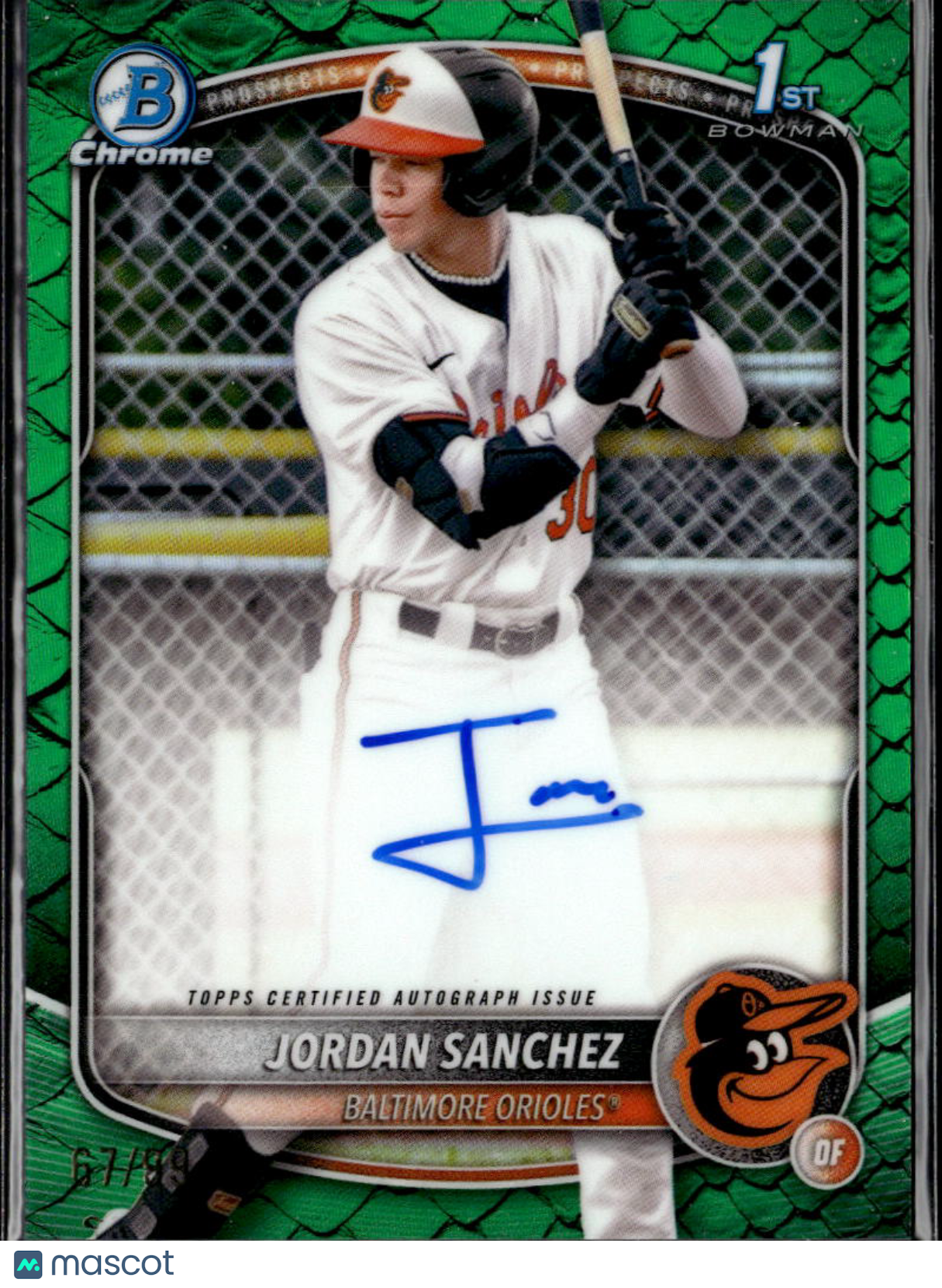 Jordan Sanchez 2025 Bowman Chrome 1st Auto Autograph Reptilian RC 67/99 Orioles