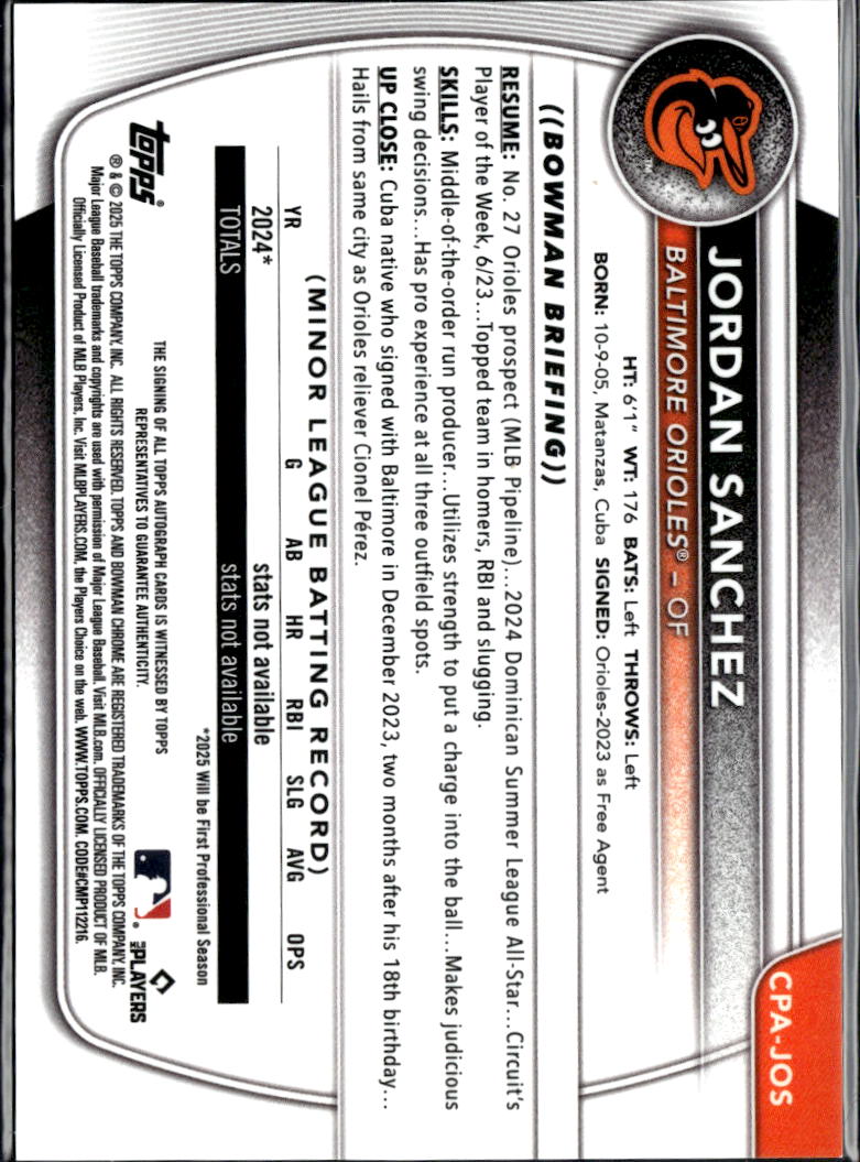 Jordan Sanchez 2025 Bowman Chrome 1st Auto Autograph Reptilian RC 67/99 Orioles
