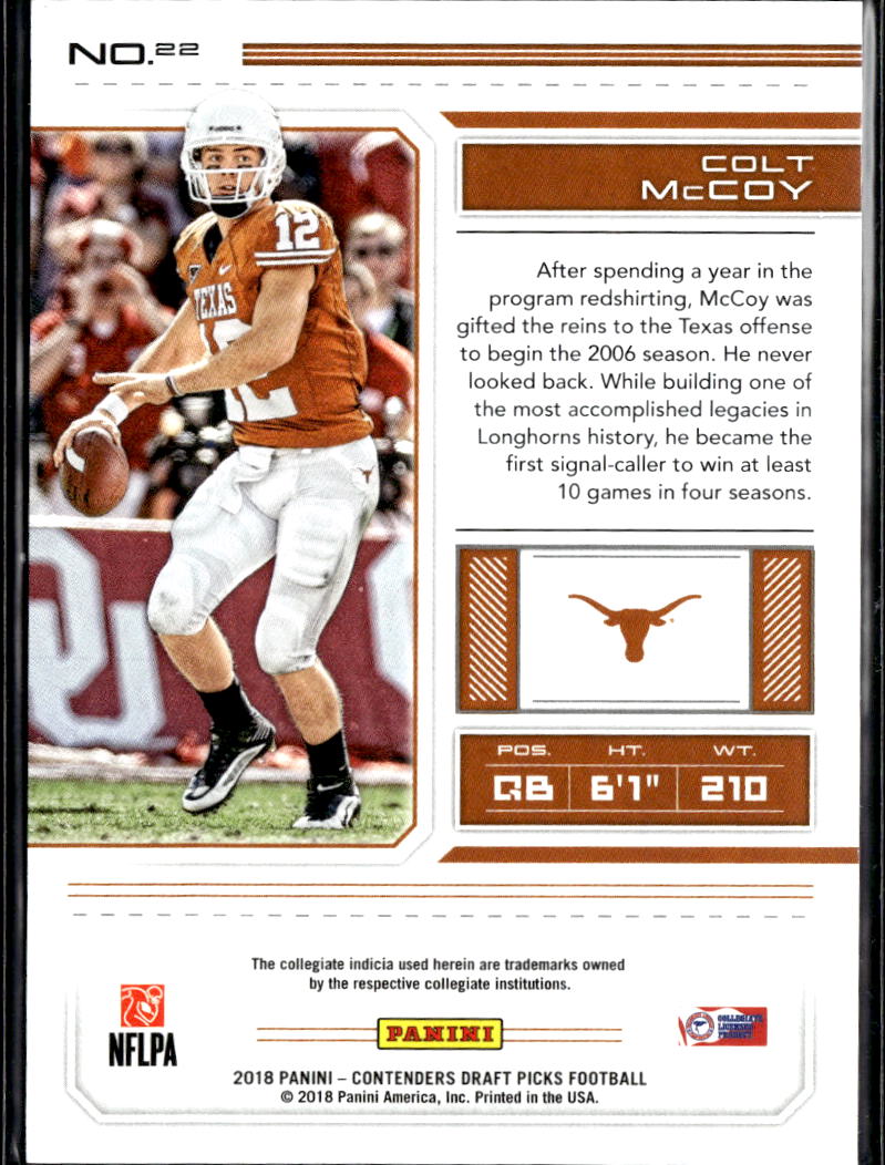 Colt McCoy 2018 Contenders Squares SSP SHORTPRINT 9/15 Texas Longhorns