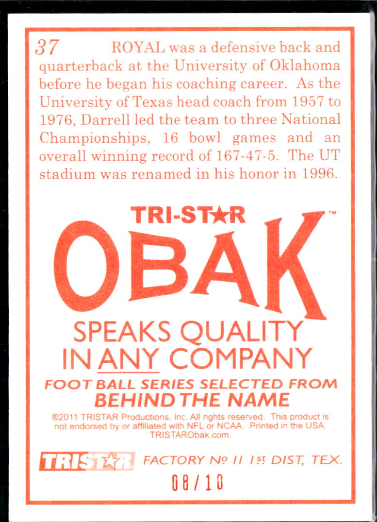 Darrell Royal 2011 Tri-Star Obak Orange Head Coach 8/10 Texas Longhorns
