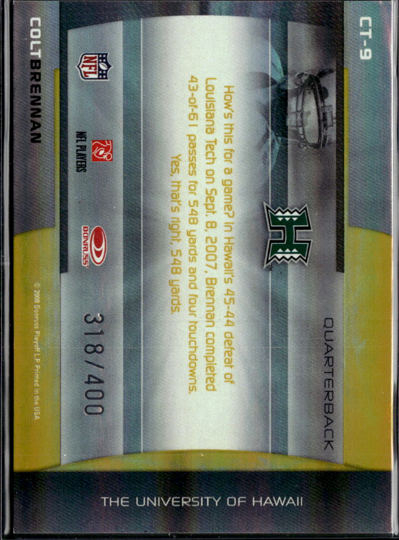 Colt Brennan 2008 Donruss Elite College Ties Yellow RC 318/400 Hawaii Warriors