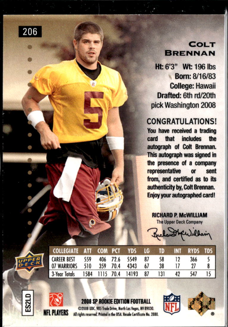 Colt Brennan 2008 Upper Deck SP Auto Autograph RC Rookie Hawaii Redskins