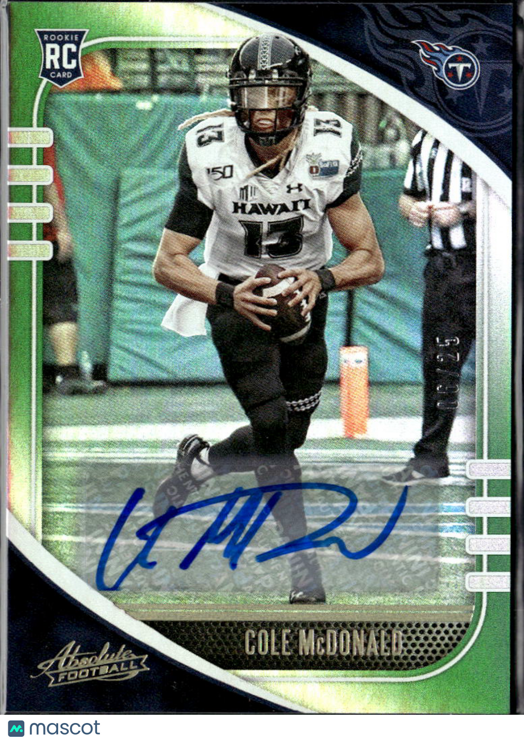 Cole McDonald 2020 Absolute Auto Autograph Green RC Hawaii Titans 6/25
