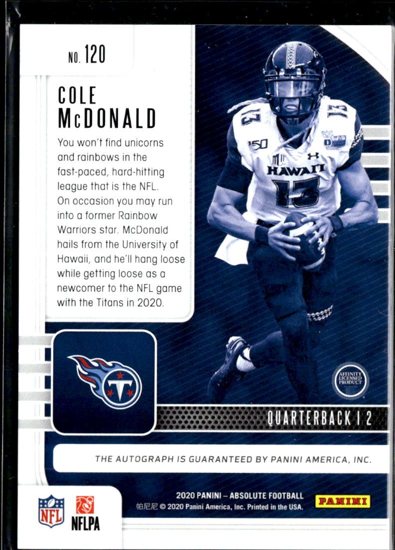 Cole McDonald 2020 Absolute Auto Autograph Green RC Hawaii Titans 6/25