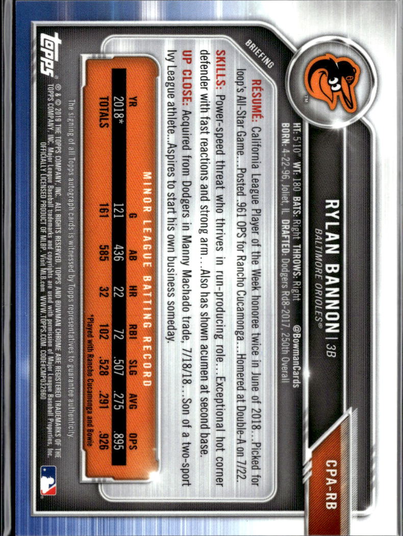 Rylan Bannon 2019 Bowman Chrome 1st Auto Autograph Gold RC /50 Baltimore Orioles