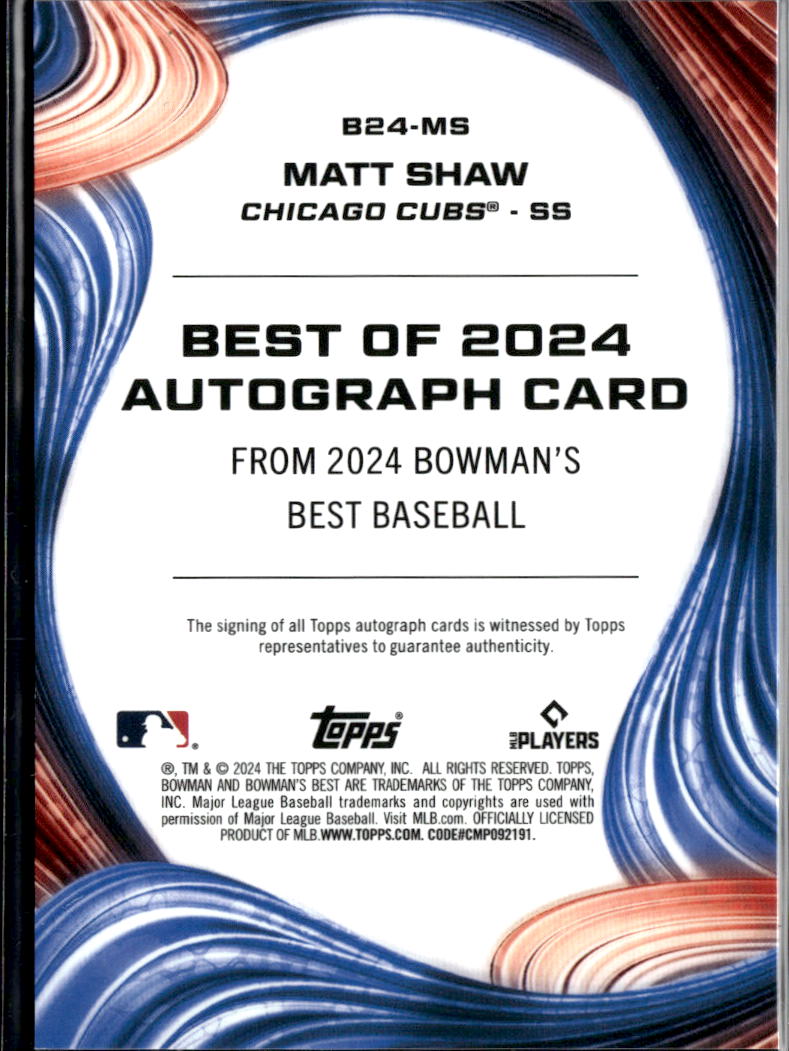 Matt Shaw 2024 Bowman's Best Auto Autograph RC Rookie Chicago Cubs