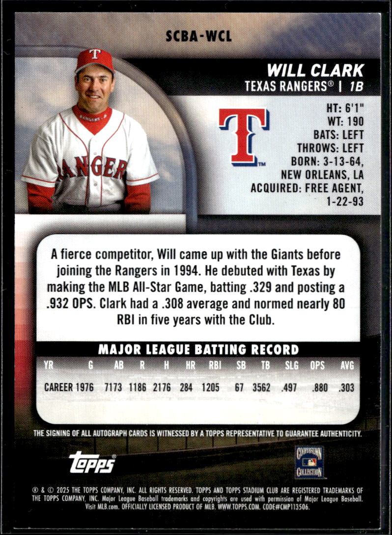 Will Clark 2025 Topps Stadium Club On Card Auto Autograph Yellow Texas Rangers