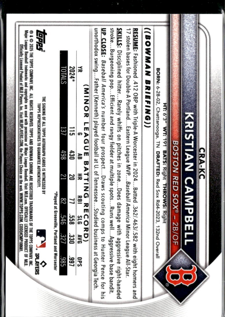 Kristian Campbell 2025 Bowman Chrome Auto Autograph RC Orange 14/25 Red Sox