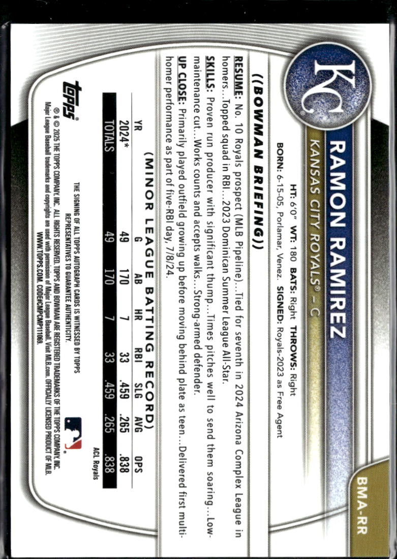 Ramon Ramirez 2024 Bowman Chrome 1st Auto Autograph Green /99 Kansas City Royals
