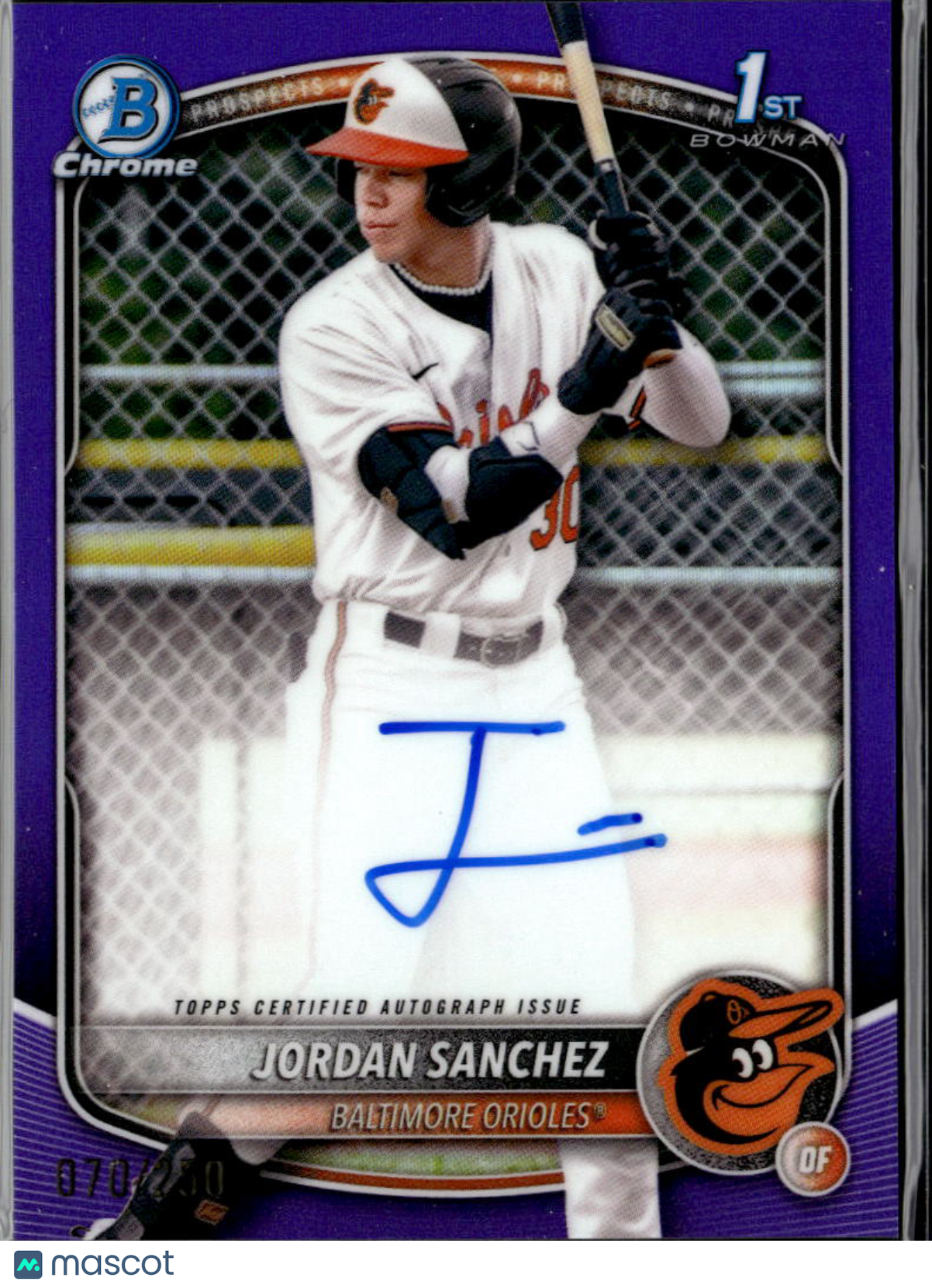 Jordan Sanchez 2025 Bowman Chrome 1st Auto Autograph RC 70/250 Baltimore Orioles