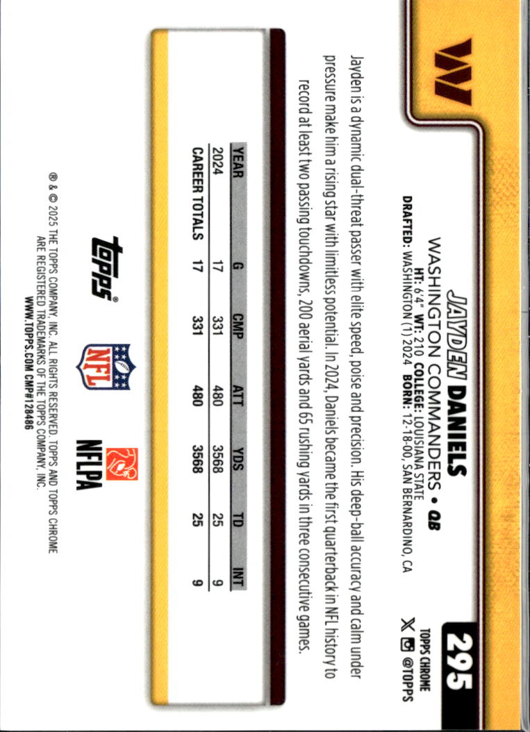 Jayden Daniels 2025 Topps Chrome Green Refractor Variation 15/99 Commanders