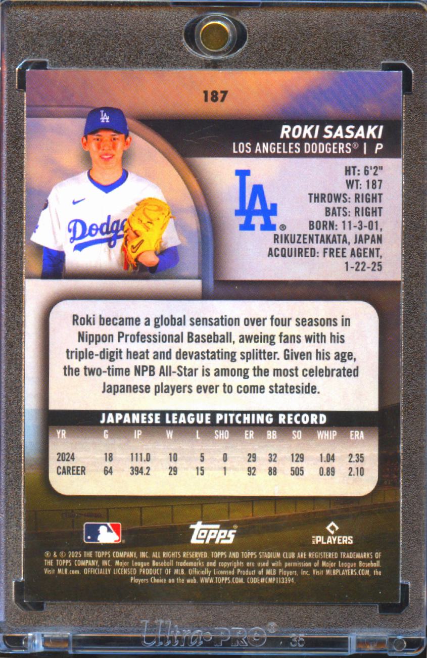 Roki Sasaki 2025 Topps Stadium Club RC Rookie Turquoise 35/99 LA Dodgers