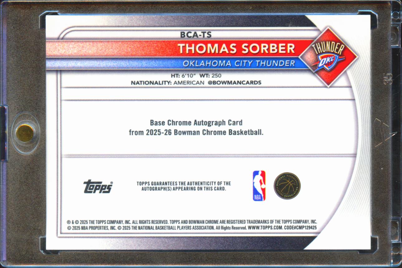 Thomas Sorber 202-26 Bowman Chrome Auto Autograph RC Black 9/10 OKC Thunder