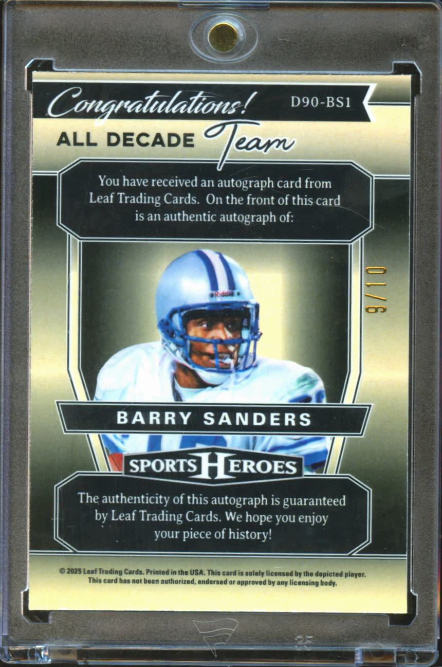 Barry Sanders 2025 Leaf Sports Auto Autograph Purple 9/10 Detroit Lions