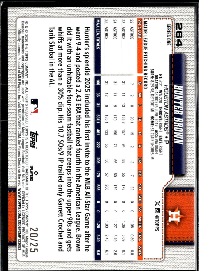 Hunter Brown 2026 Topps Series One Orange Foil 20/25 Houston Astros