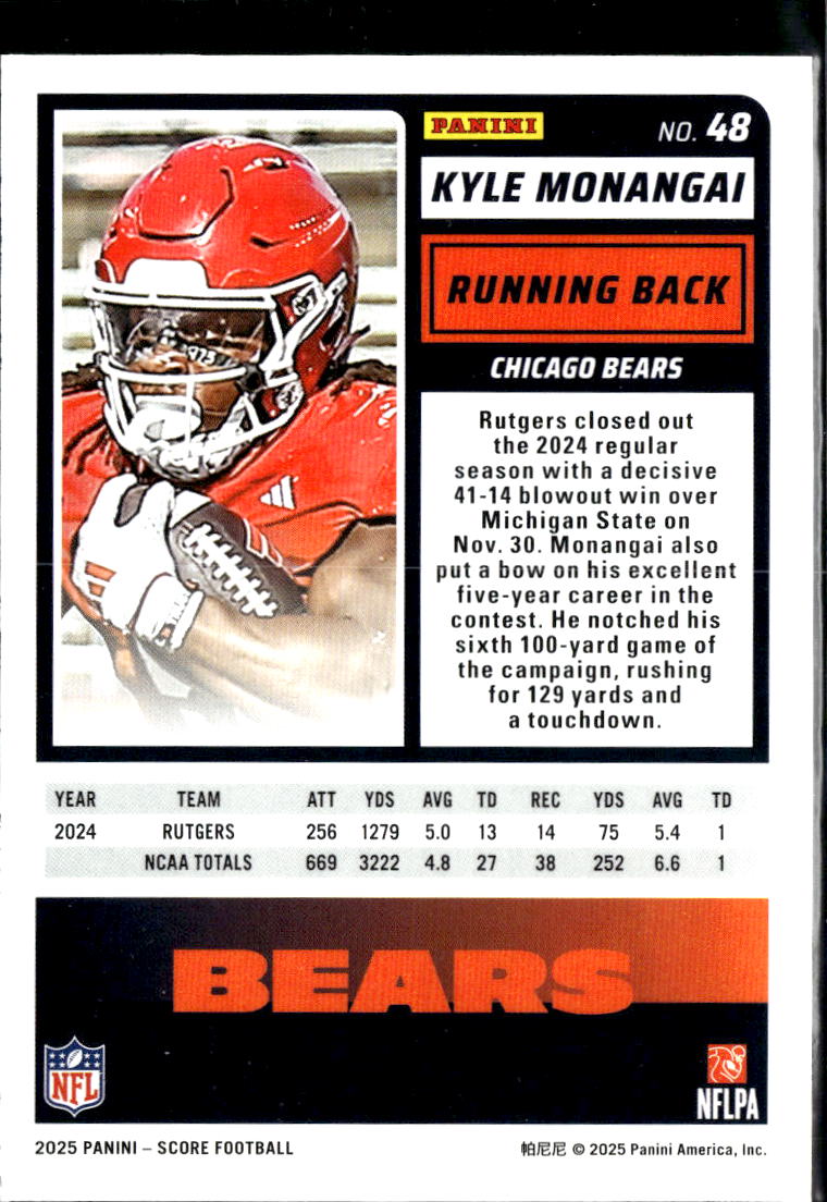 Kyle Monangai 2025 Score GOLD Rookie RC 113/499 Chicago Bears