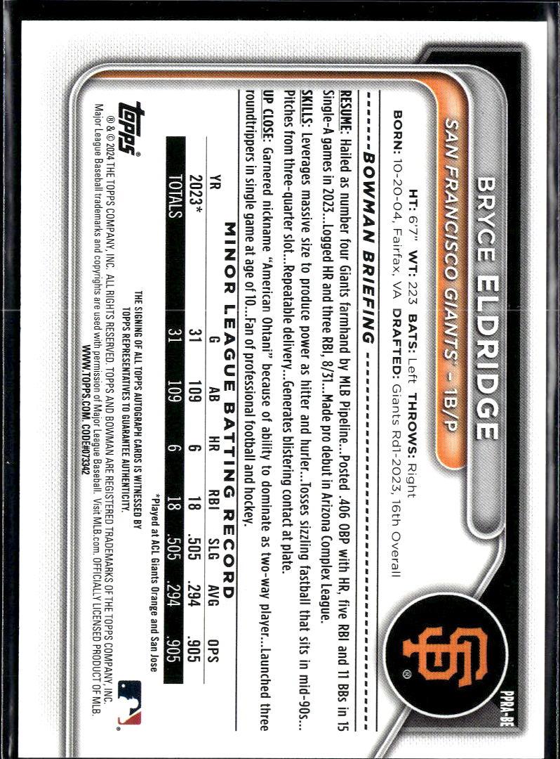 Bryce Eldridge 2024 Bowman Auto Autograph San Francisco Giants
