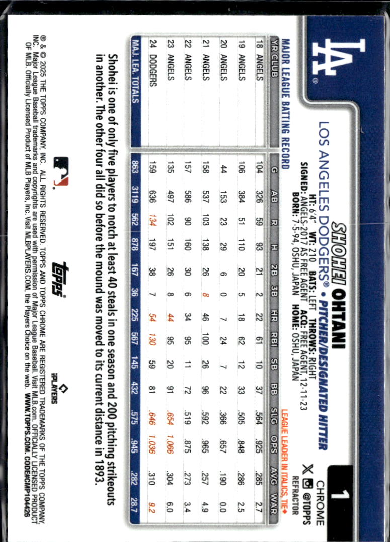 Shohei Ohtani 2025 Topps Chrome Refractor #1 Los Angeles Dodgers