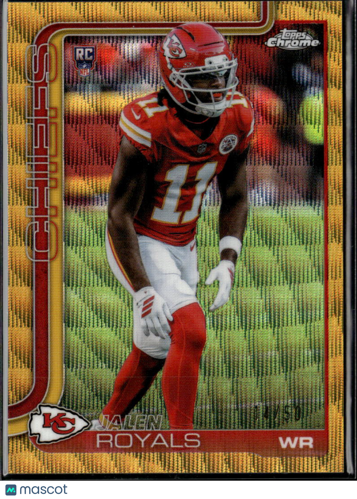 Jalen Royals 2025 Topps Chrome Gold Wave Refractor RC 14/50 Kansas City Chiefs